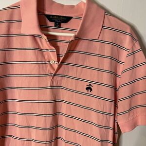 Brooks Brothers Striped Polo Shirt Mens Medium Salmon Pink Black Slim Fit